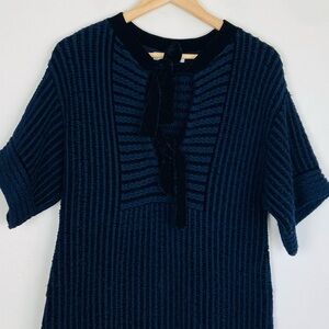 Chloe navy blue & black textured sweater dress with chenille tie at neck. Small